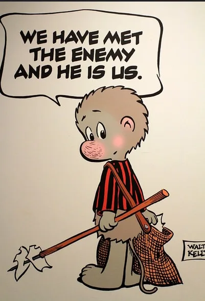 A cartoon monkey in a red-and-black striped shirt holds a hoe and a sack, looking downcast with a blush on its cheek. A…