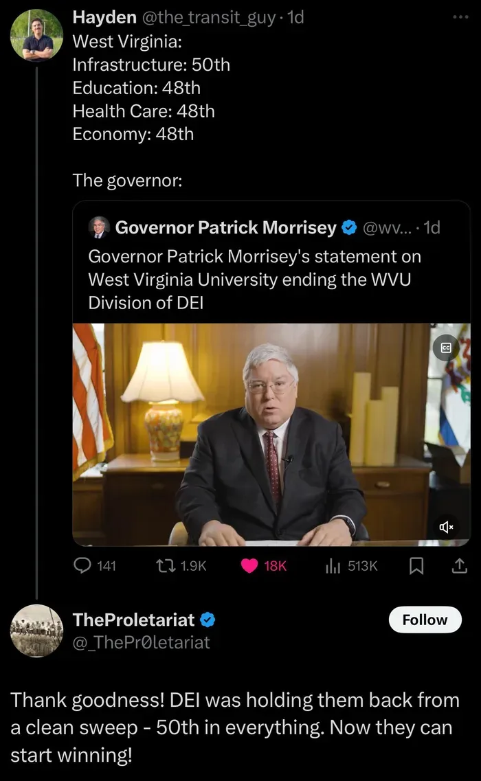 A screenshot of a tweet thread shows West Virginia's low national rankings in infrastructure, education, health care, and…