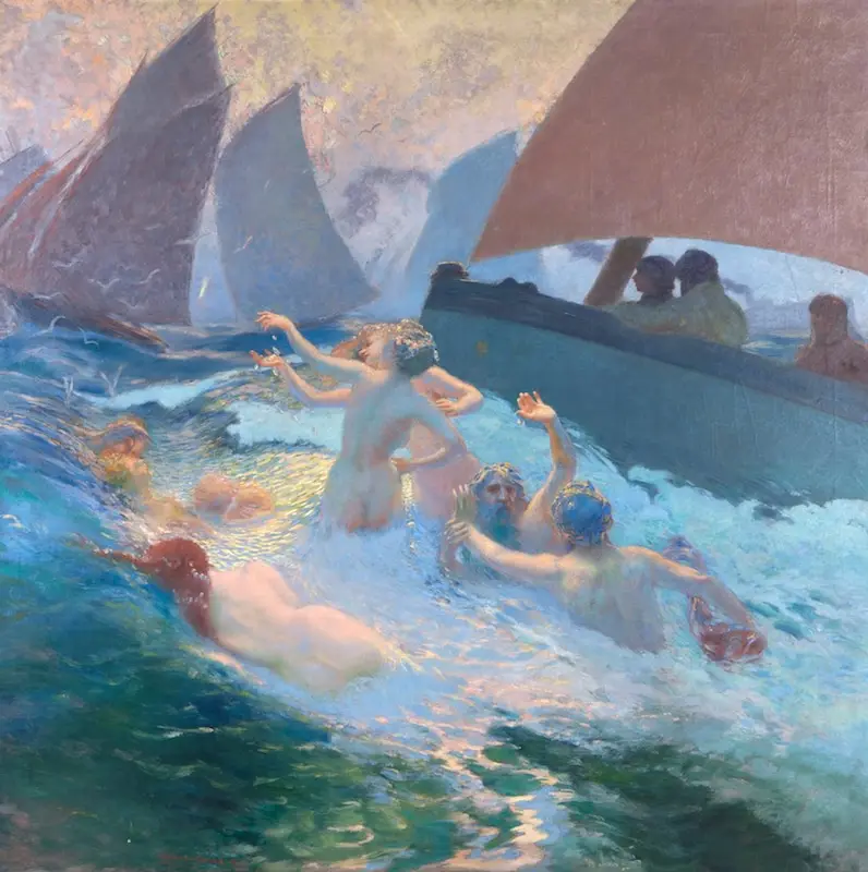 A classical painting depicts several nude figures in turbulent ocean waters, some appearing to struggle or swim, while…