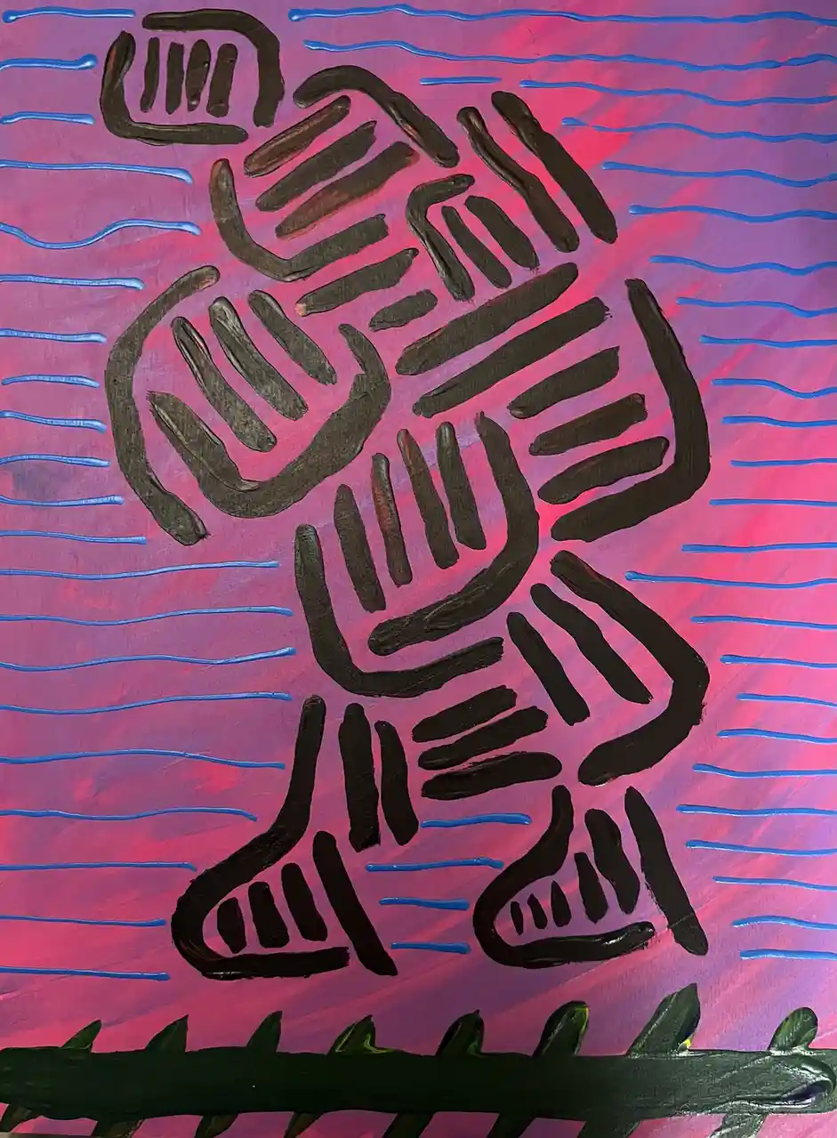 A painting with a pink and purple background, blue wavy lines, and black abstract shapes resembling hands or claws. At the…