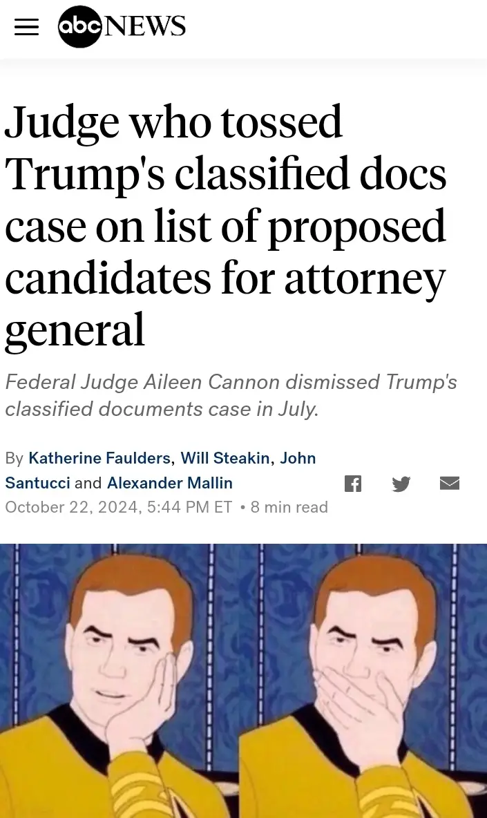 An abcnews.com article headline about Judge Aileen Cannon dismissing Trump's classified documents case is overlaid with an…