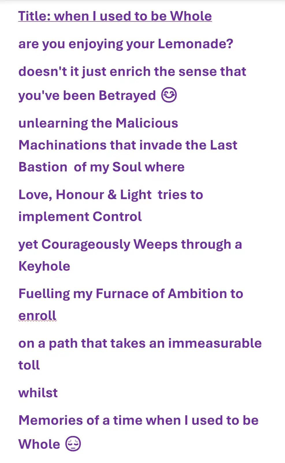 The image displays a white background with purple text arranged in a poem-like format. The text is a self-referential…