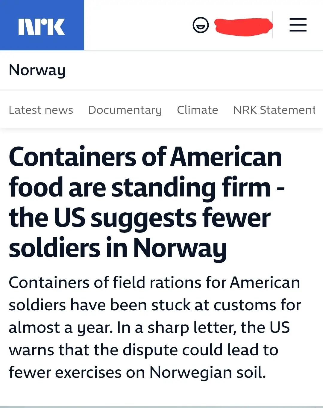 A screenshot of an NRK news article with the headline 'Containers of American food are standing firm - the US suggests fewer…