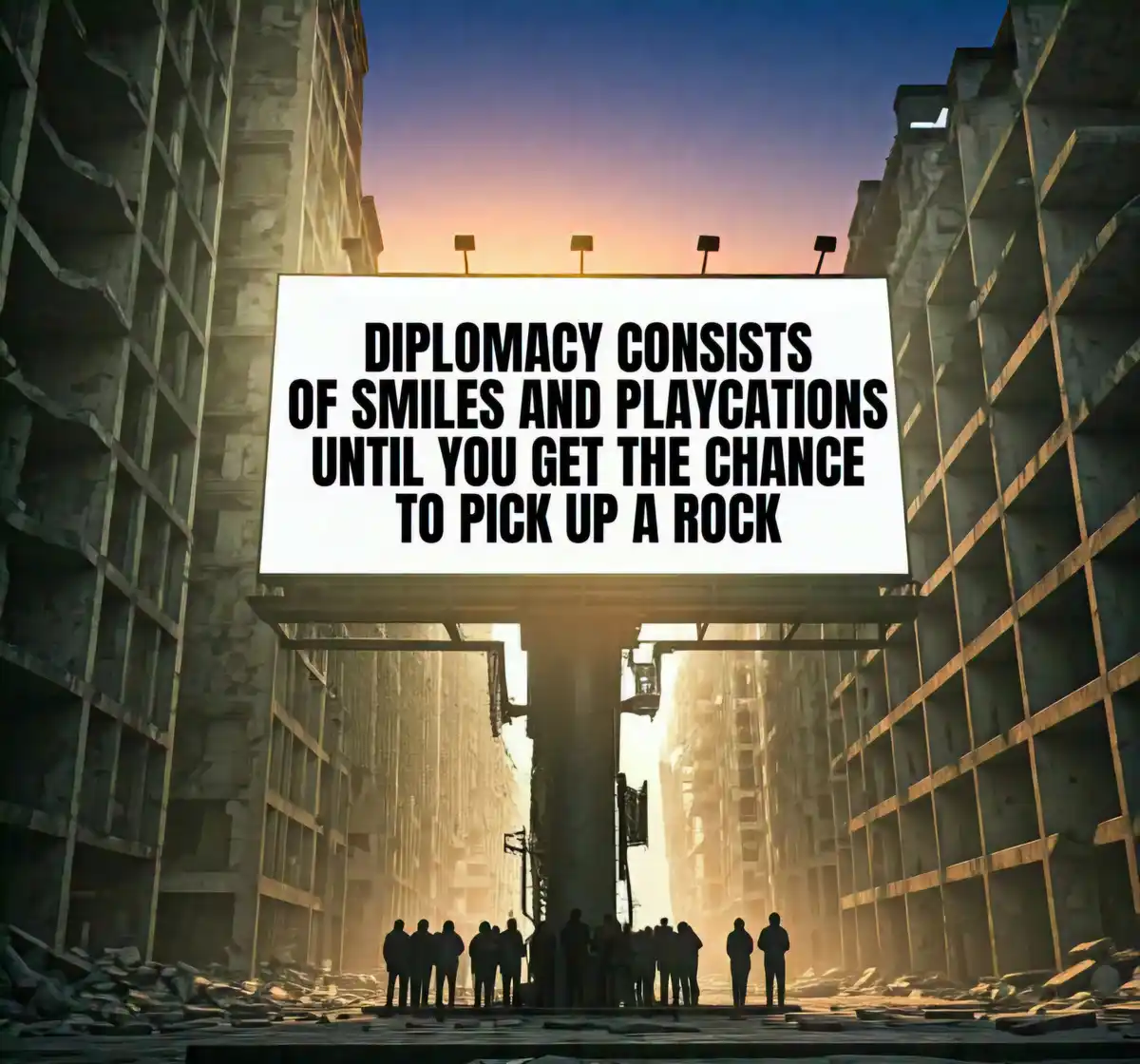 A large white billboard with bold black text is suspended between the skeletal remains of two tall, ruined buildings. Below…