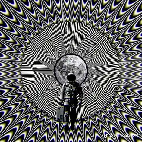 An astronaut walks toward a large moon visible through a tunnel of black-and-white radial lines, set against a psychedelic…