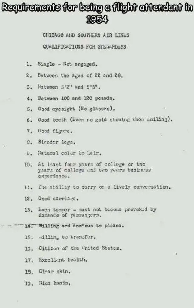A scanned document titled 'Requirements for being a flight attendant in 1954' from Chicago and Southern Air Lines lists 19…