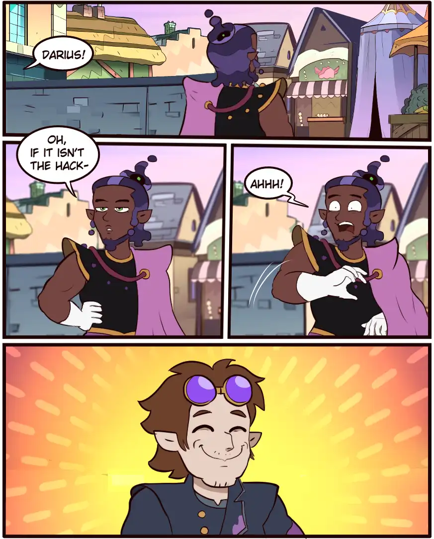 A four-panel comic strip shows a character with purple hair and a cape being called 'Darius' by someone off-screen. He…