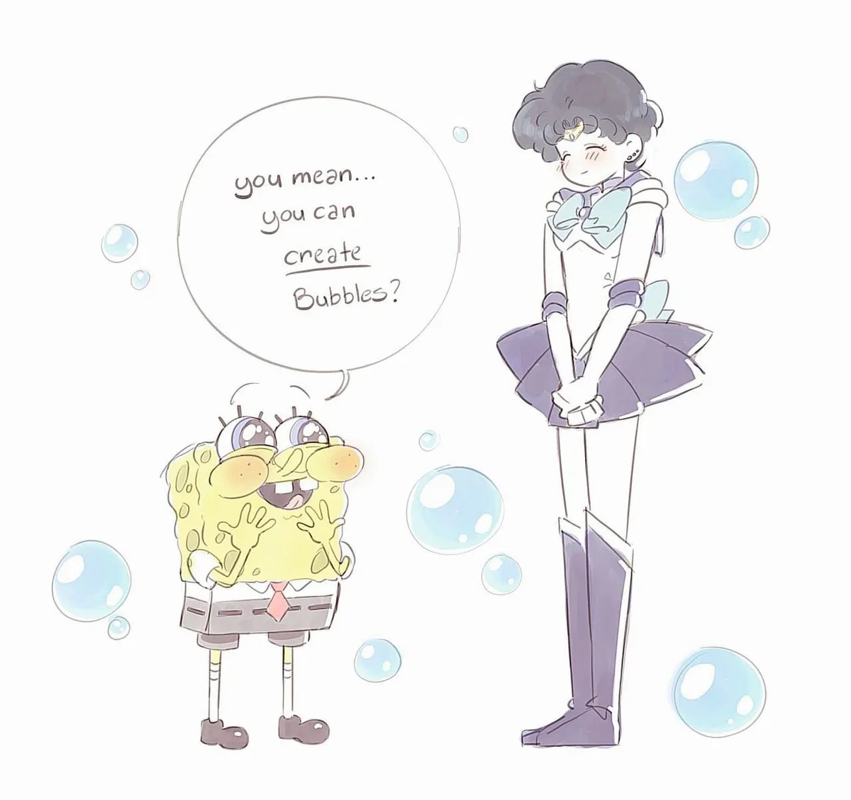 A cartoon drawing shows SpongeBob SquarePants looking up at a tall, anime-style Sailor Moon character. SpongeBob has a…