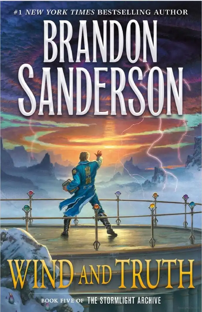 The image is the book cover for 'Wind and Truth' by Brandon Sanderson, showing a man in a blue uniform standing on a…