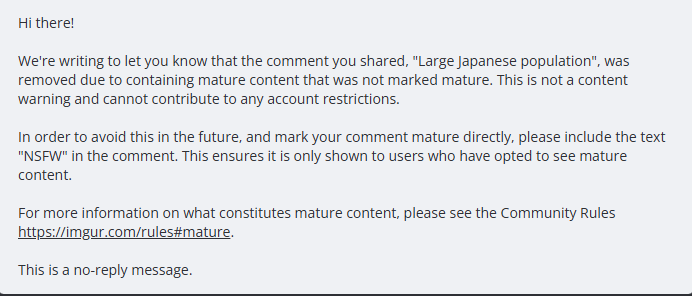 An Imgur auto-generated email notification explaining why a comment titled 'Large Japanese population' was removed for being…