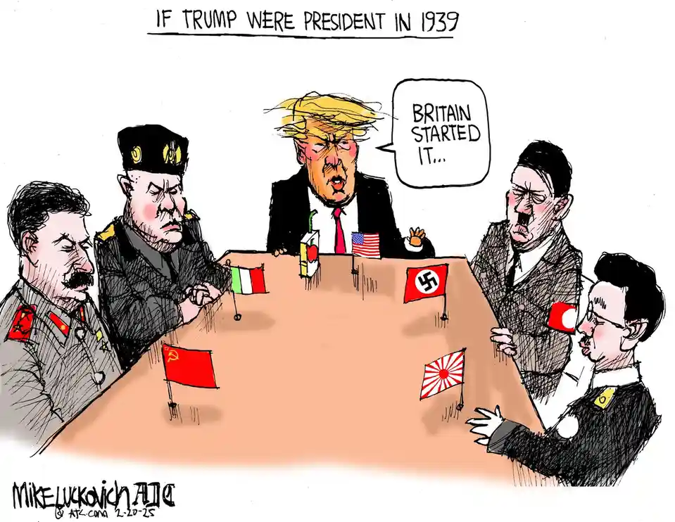 A political cartoon depicts a meeting of historical figures: Donald Trump sits at a table with Adolf Hitler, Benito…