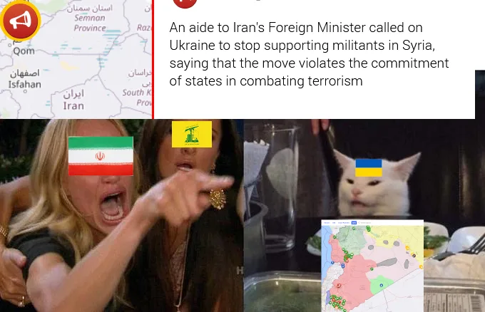 The image is a collage featuring a woman yelling and pointing with an Iranian flag over her face, a white cat with a…