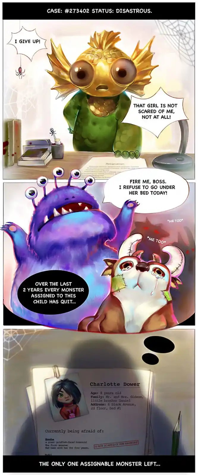 A three-panel comic shows monsters quitting their jobs as a child's fear monster because she's no longer scared of them. The…