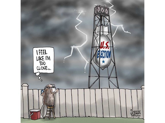 A cartoon beaver wearing a hard hat stands on a ladder next to a white picket fence, looking up at a tall water tower…