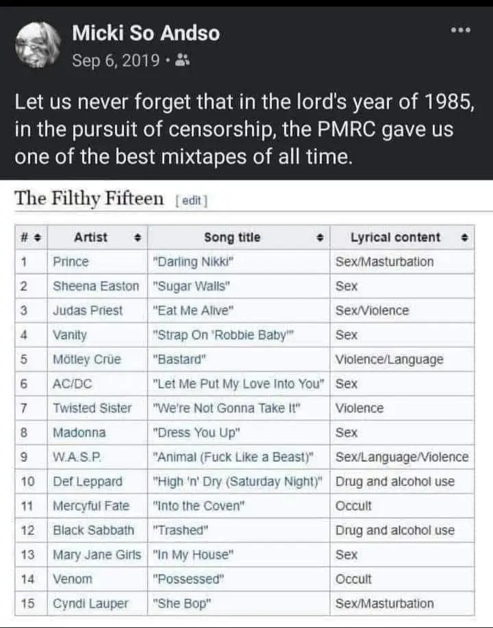 A screenshot of a Facebook post from Micki So Andso dated Sep 6, 2019, featuring a table titled 'The Filthy Fifteen' listing…