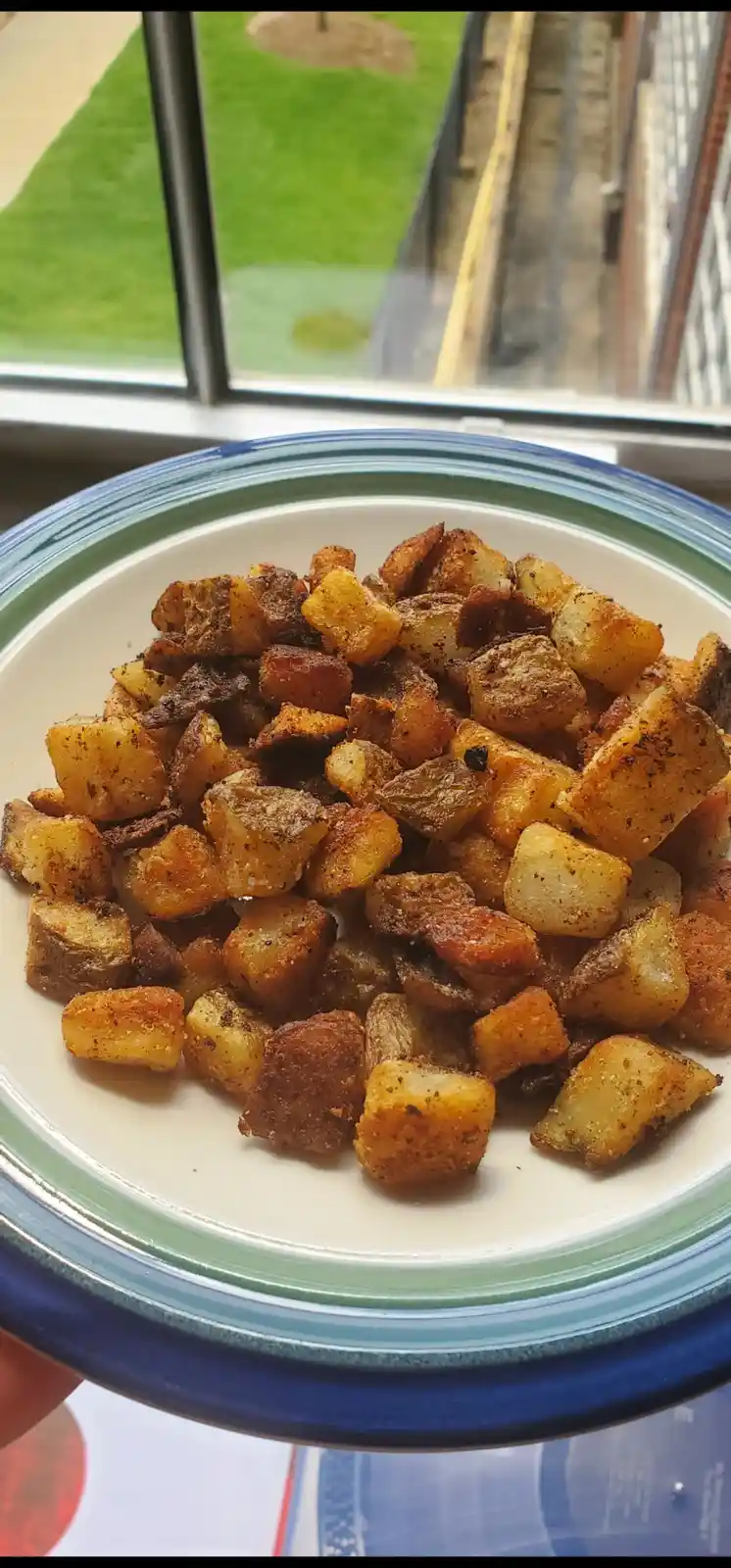 A close-up photo shows a white plate with a blue and green rim, holding a pile of golden-brown, seasoned roasted potato…