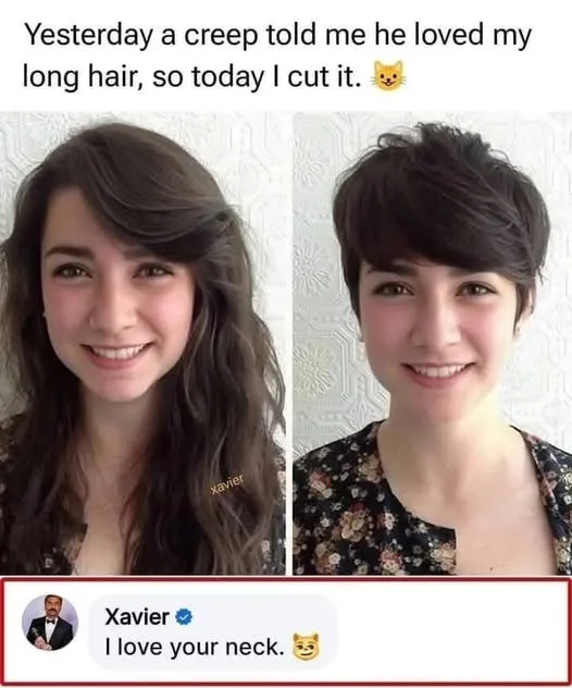 The image shows a split-screen of a woman with long dark hair on the left and the same woman with a short pixie haircut on…