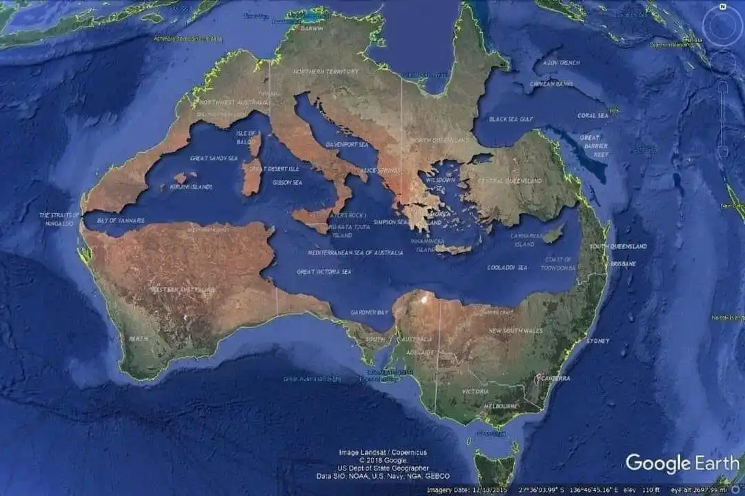A Google Earth satellite map of Australia, where the country's landmass is humorously labeled as 'australia is a country' in…