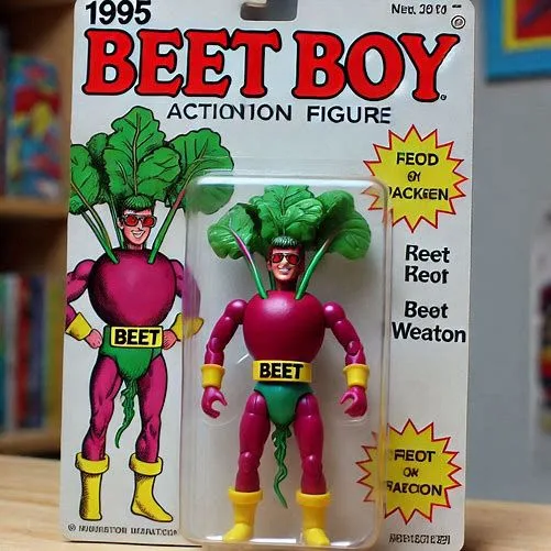 A 1995 action figure of 'Beet Boy' in its original packaging, featuring a pink superhero with a beetroot head, green leaves…