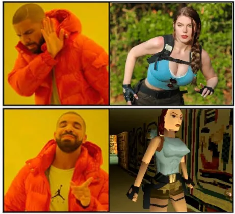 A four-panel meme grid featuring Drake in his iconic orange puffer jacket in three panels and a pixelated Lara Croft in the…