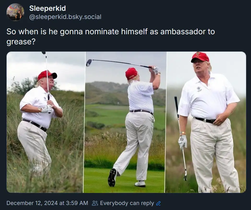 A three-panel image shows Donald Trump in golf attire, captured mid-swing and then looking frustrated after hitting a shot…