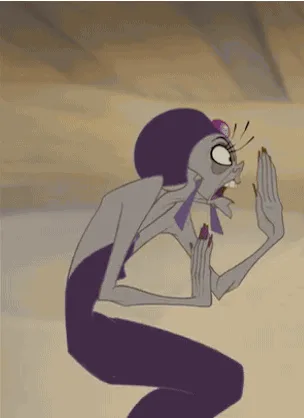 A six-panel animation shows a grey-skinned, purple-dressed animated character with long eyelashes and a purple headpiece…