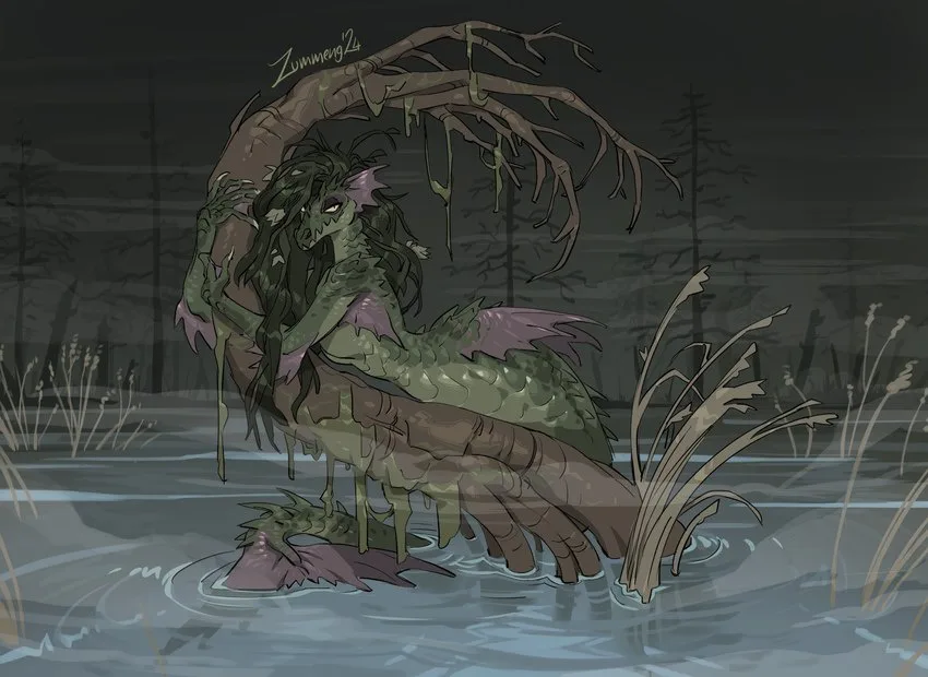 A green, reptilian humanoid creature with long hair and purple wings sits in murky water, partially fused with a large…