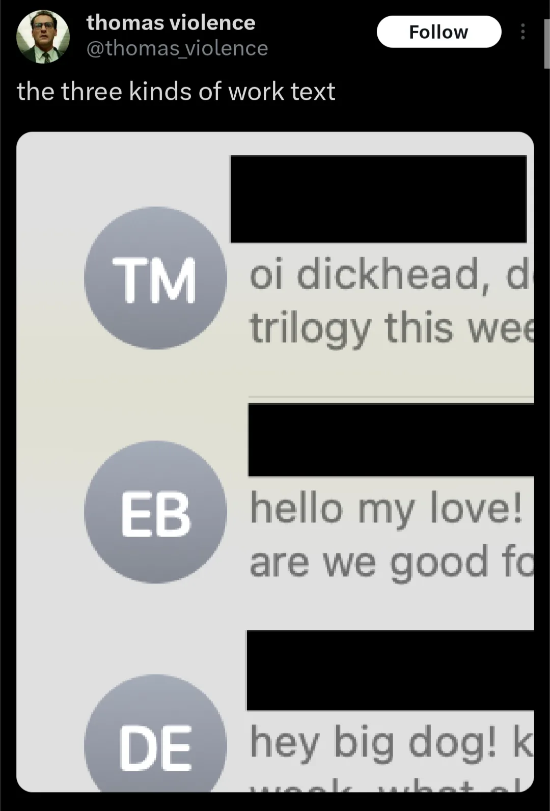 A screenshot of a text message thread with three contacts labeled TM, EB, and DE, each sending a different kind of…