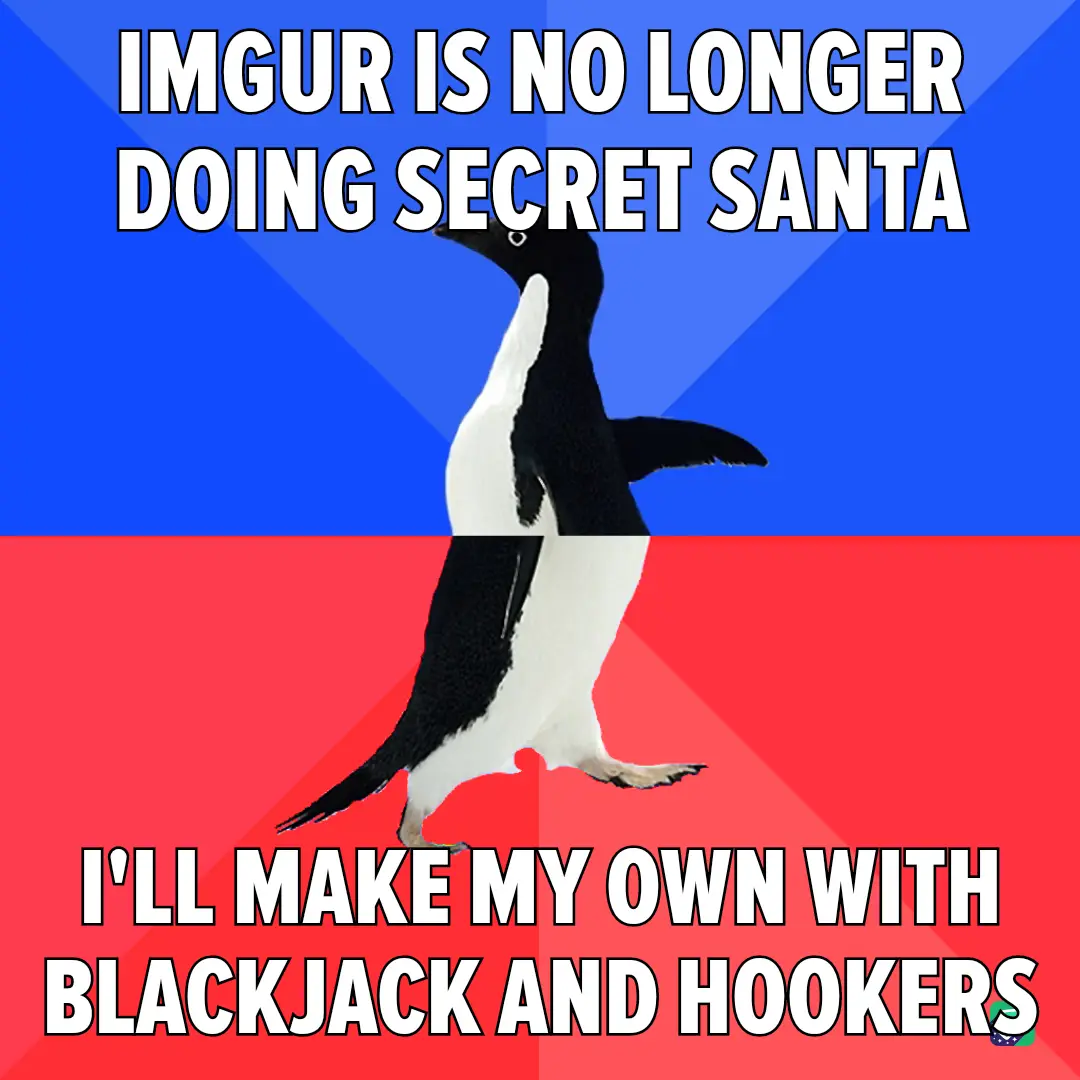 A penguin stands centered against a blue and red background, with bold white text at the top stating 'IMGUR IS NO LONGER…