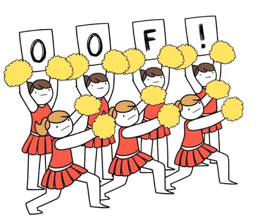A cartoon illustration of cheerleaders in red outfits holding yellow pom-poms and signs that spell out 'OOF!' in large black…