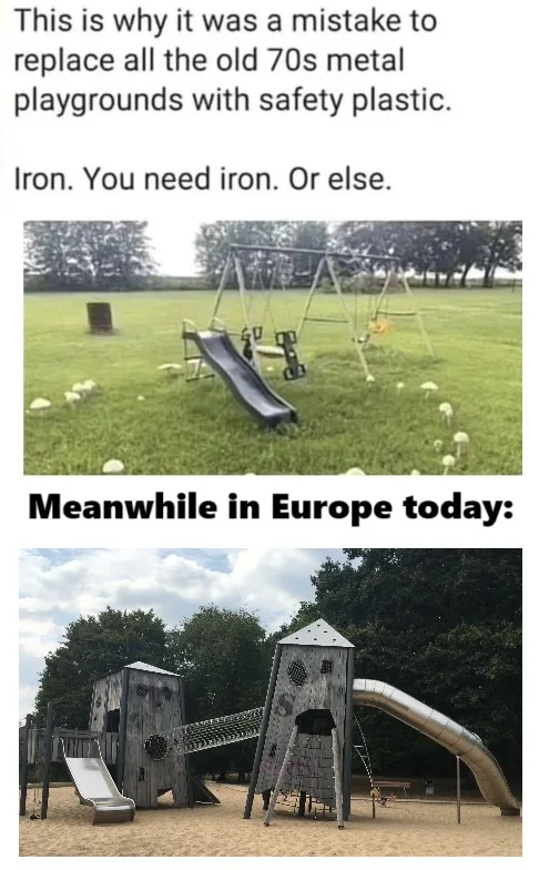 The meme features two images of playgrounds. The top image shows a simple, weathered metal playground with a slide and…