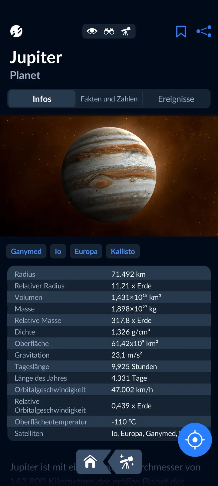 A screenshot of a German astronomy app displaying Jupiter's data, showing its image and stats like radius, mass, and…