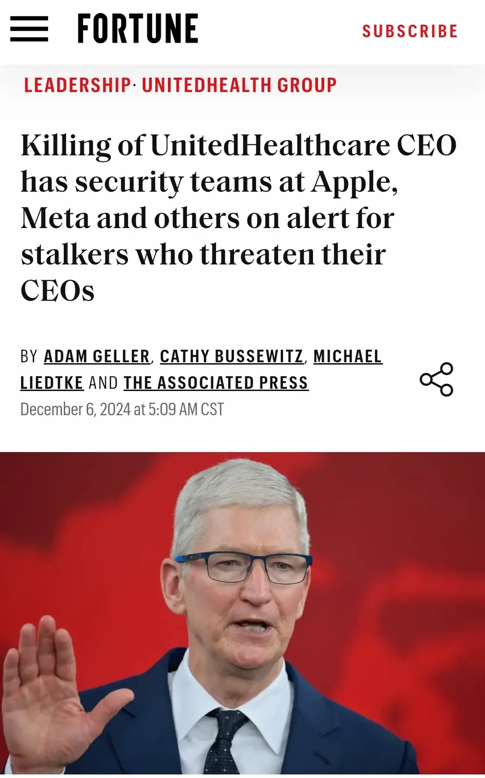 The image shows a screenshot of a Fortune article with a headline about heightened CEO security after a UnitedHealthcare CEO…