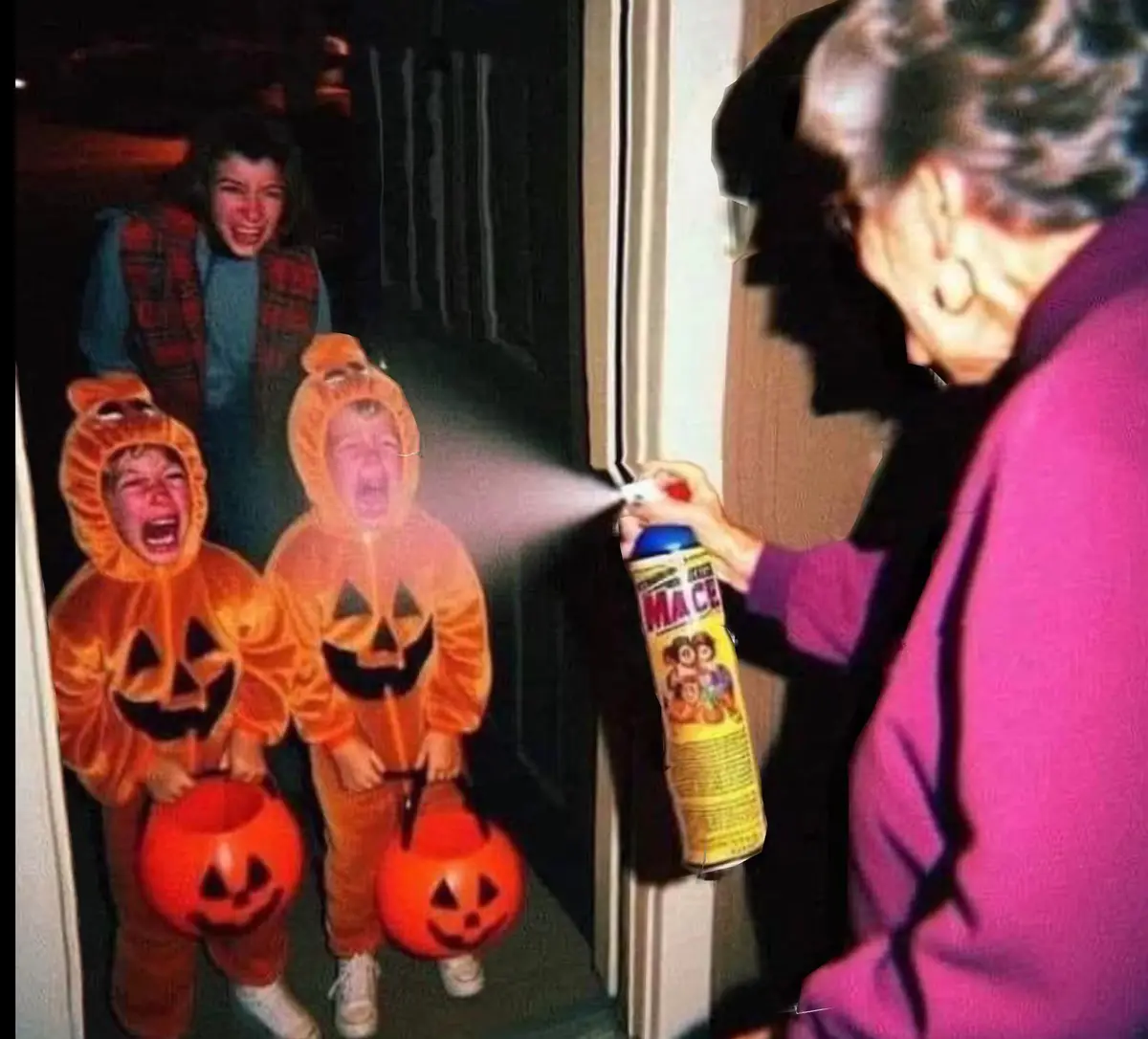 An edited photo shows an older woman in a pink jacket spraying a can of Mace toward three children in orange pumpkin…