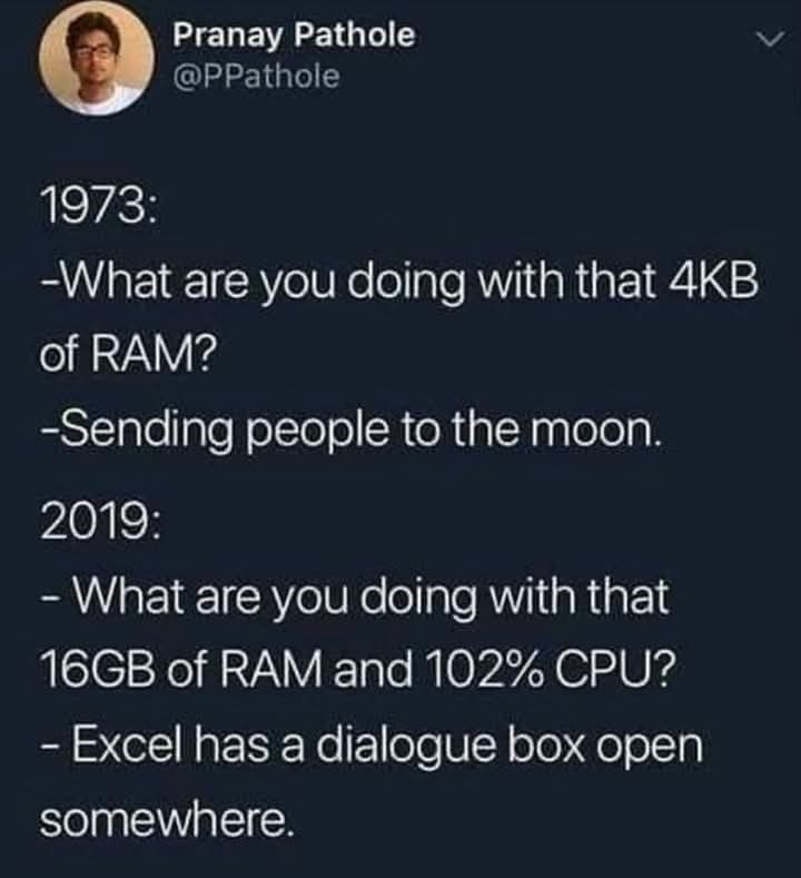 A screenshot of a tweet by Pranay Pathole comparing computing power in 1973 and 2019. In 1973, 4KB of RAM was used to send…