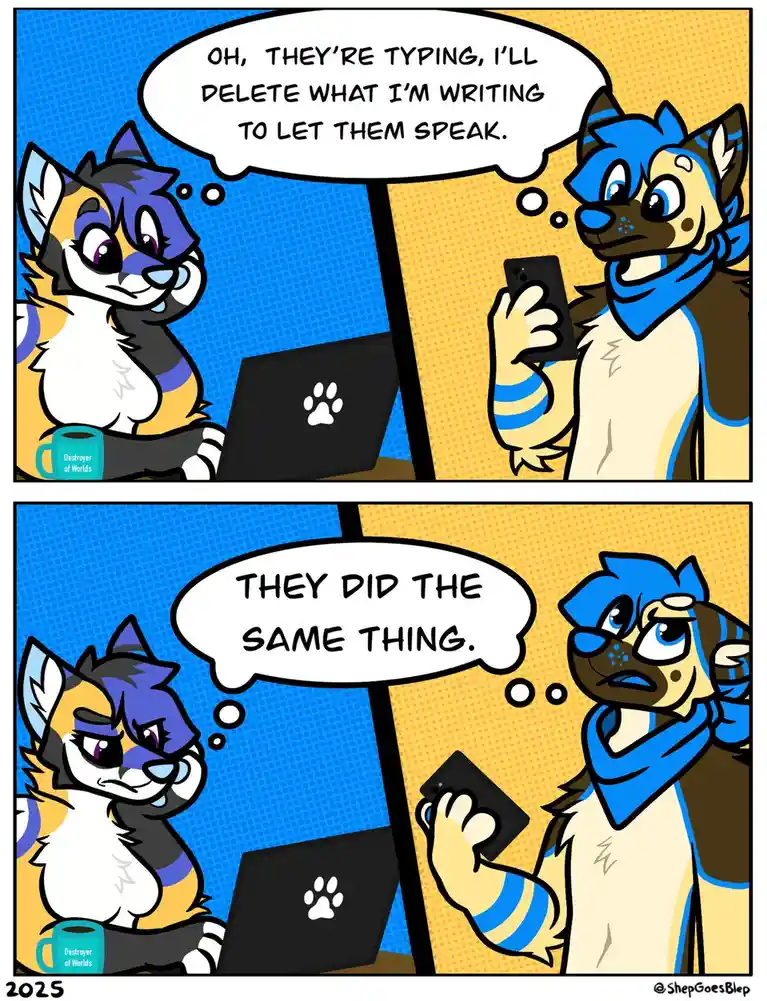 Two anthropomorphic animal characters are shown in a two-panel comic. In the top panel, a blue and tan cat-like character at…