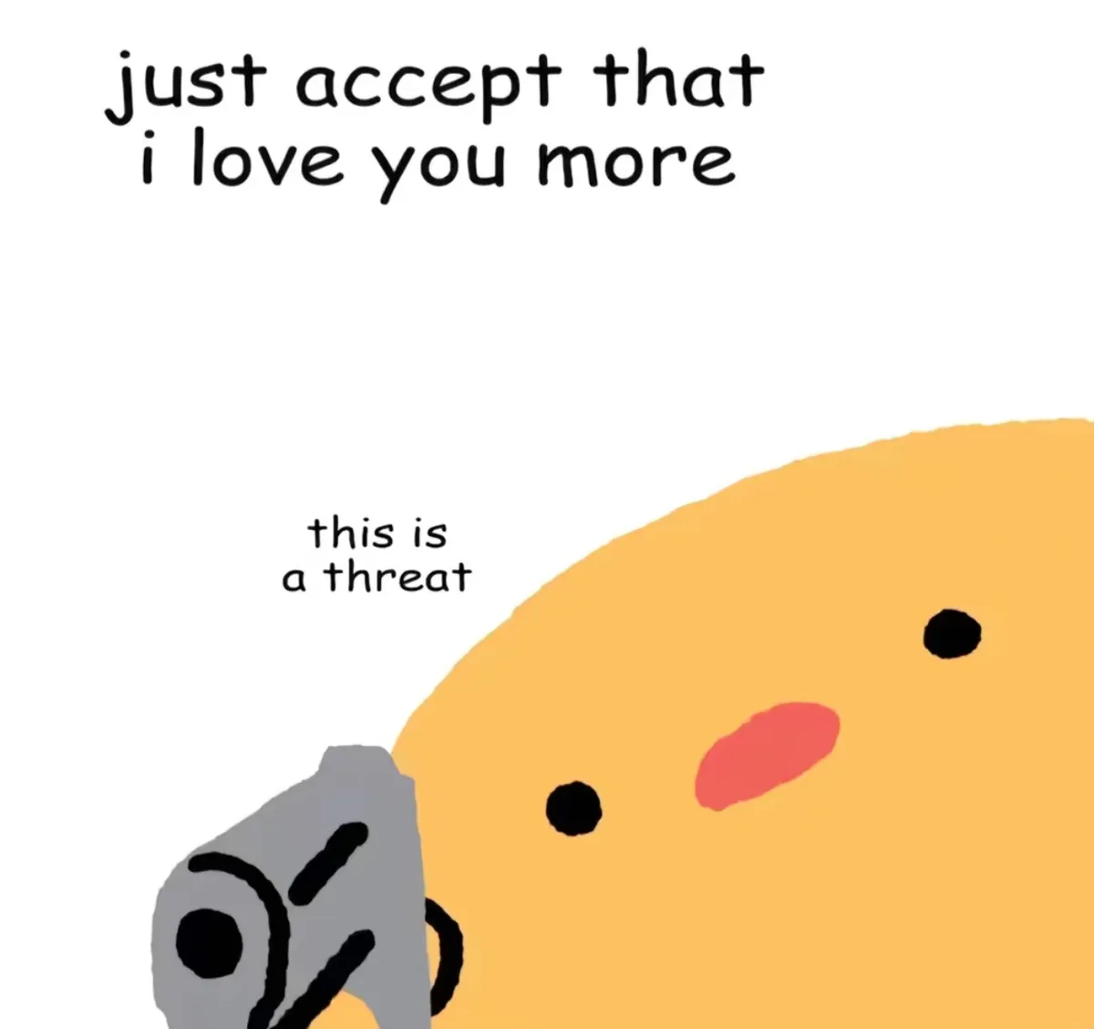 A cartoonish yellow character with simple black eyes and a pink blush holds a gray gun pointed at the viewer. Above the…