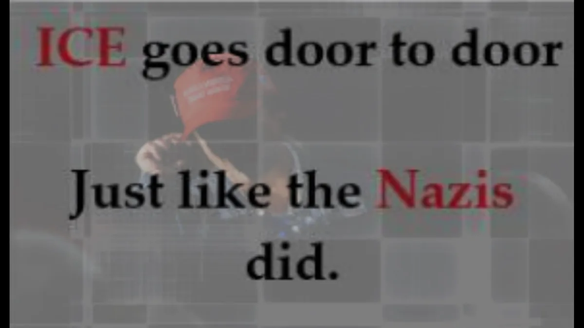 The image shows a person wearing a red cap with white text, partially obscured by a gray grid overlay. The text overlaid in…