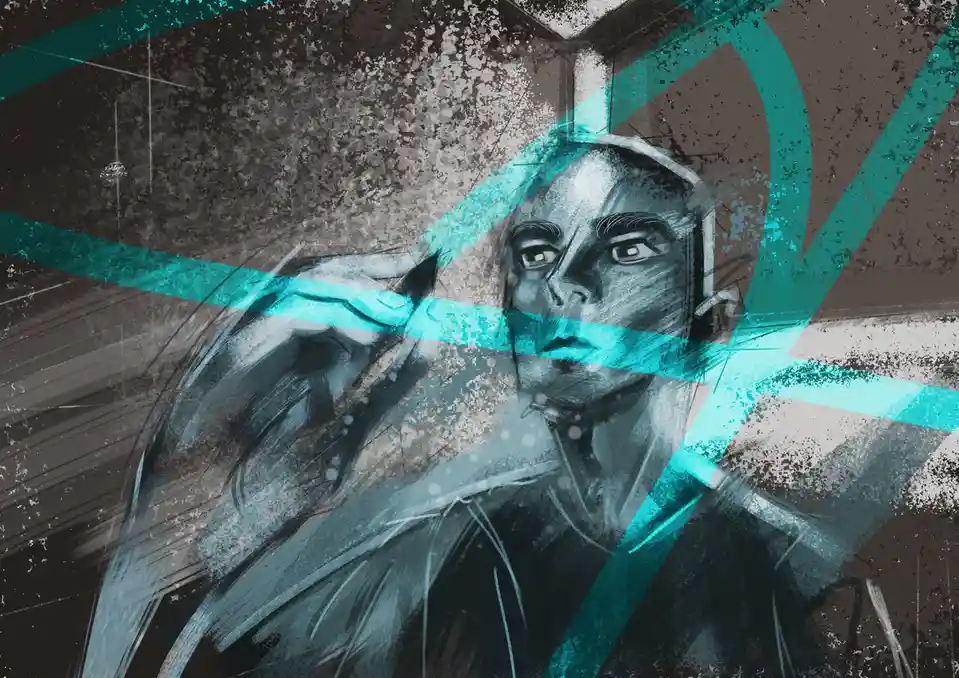 A stylized, gritty illustration of a person with a serious expression, overlaid with bold teal lines and splatter effects…