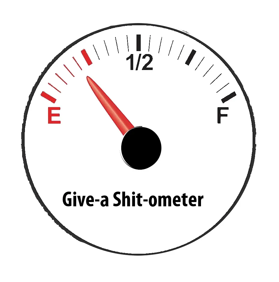 A circular fuel gauge graphic with markings for 'E' (empty) on the left and 'F' (full) on the right, with a red needle…