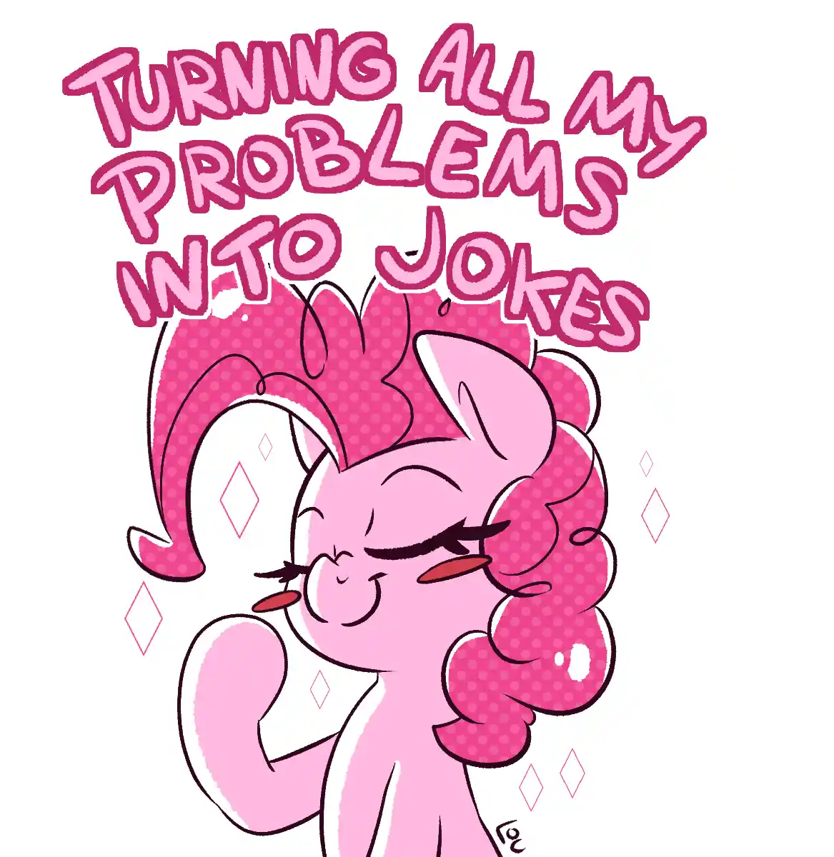 A pink cartoon pony with a big, fluffy mane and a confident smirk is shown with her eyes closed and one hoof raised, as if…