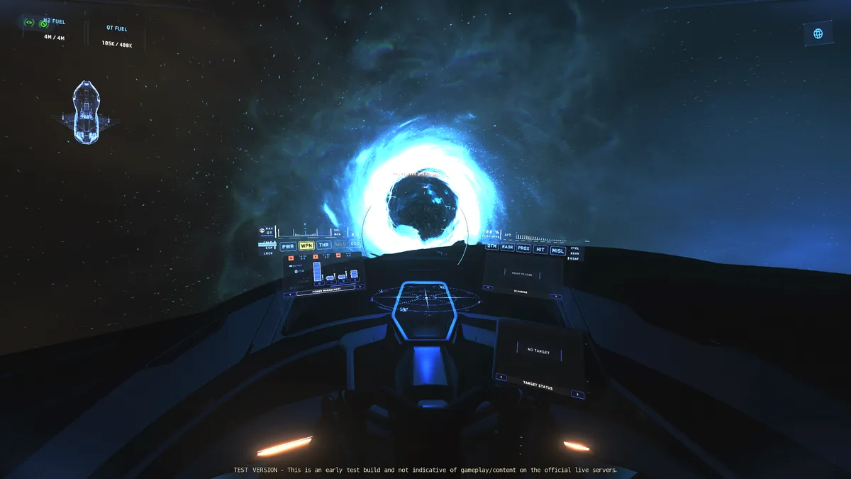 A first-person view from inside a spaceship cockpit, looking directly at a bright blue wormhole or black hole in space. The…