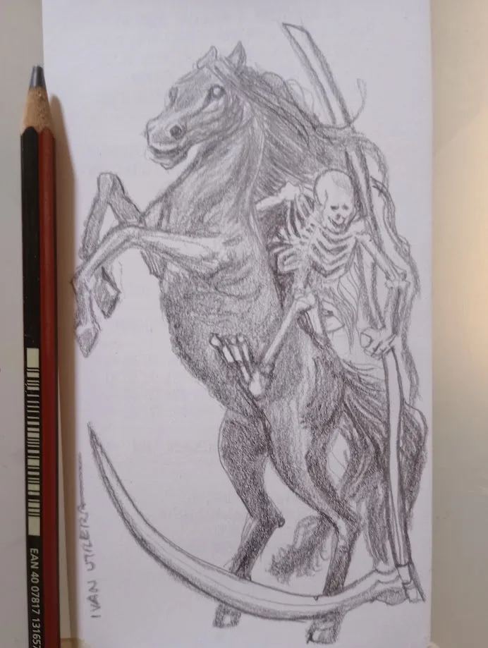 A pencil sketch depicts a skeletal figure, Death, riding a rearing horse while holding a large scythe. The artwork is signed…