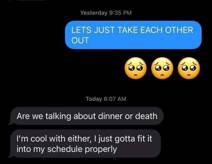 A screenshot of a text message conversation shows a blue message bubble from yesterday at 9:35 PM saying 'LET'S JUST TAKE…