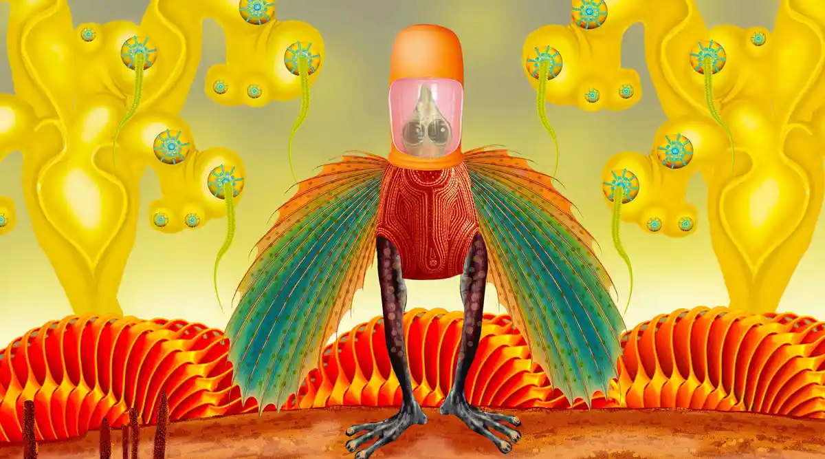A surreal, colorful illustration depicts a bird-like creature wearing an orange space helmet with a clear visor, standing on…