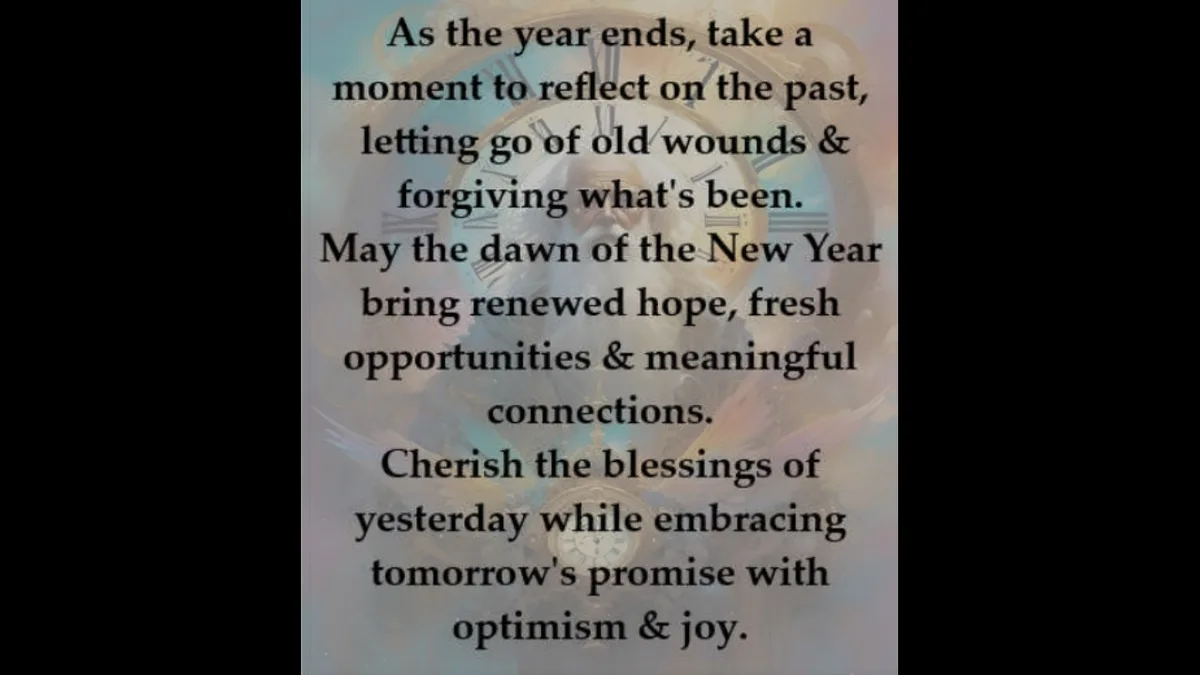 The image displays a motivational New Year's message overlaid on a background featuring multiple clocks and a soft, dreamy…
