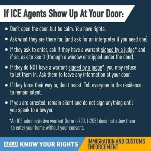 A dark blue informational graphic from the ACLU titled 'If ICE Agents Show Up At Your Door:' lists six bullet-pointed steps…
