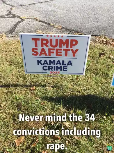 A political yard sign in grass next to asphalt reads 'TRUMP SAFETY' in red and 'KAMALA CRIME 2024' in blue. White text…
