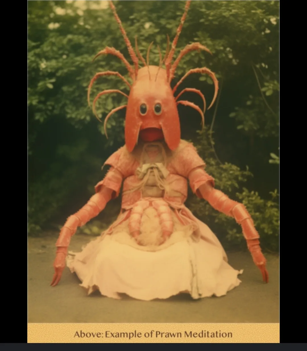 A person in a full-body lobster or prawn costume sits cross-legged on the ground outdoors, wearing a light-colored dress…