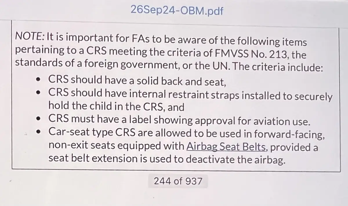 A screenshot of a PDF page titled '26Sep24-OBM.pdf', showing a formal note for flight attendants (FAs) about child restraint…